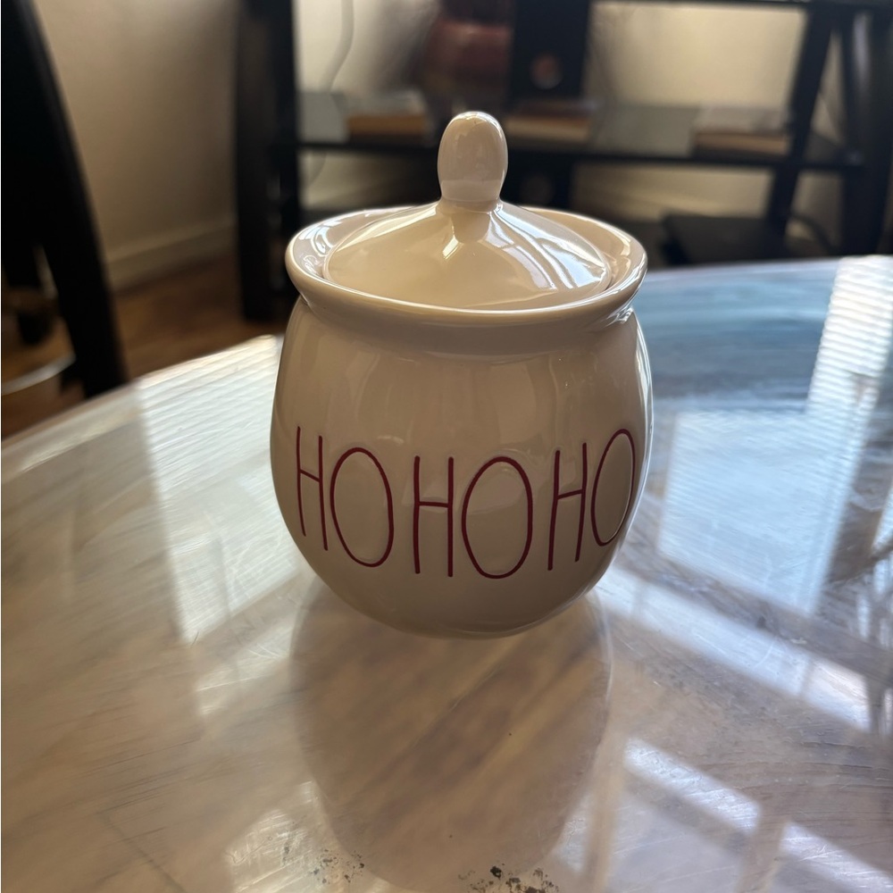 Rae Dunn sugar bowl with Red 'HO HO HO' Design
